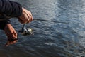 Fishing on the lake at sunset. Fisherman with rod, spinning reel on the river bank. Sunrise. Fishing for pike, perch, carp. Fog Royalty Free Stock Photo