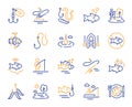 Fishing line icons. Inflatable boat, Worms or Maggot bait and Fishing rod set. Vector Royalty Free Stock Photo