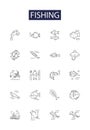Fishing line vector icons and signs. Reeling, Casting, Trolling, Taungya, Gillnetting, Yoyo, Drift-Netting, Baiting