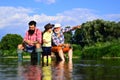 Fishing. Little boy fly fishing on a lake with his father and grandfather. Senior man fishing with son and grandson. Royalty Free Stock Photo