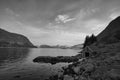 fishing lodge in norway on the fjord in black and white Royalty Free Stock Photo