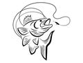 Fishing logo. Black and white illustration of a fish hunting for bait. Predatory fish on the hook. Fishing on the rod