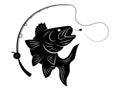 Fishing logo. Black and white illustration of a fish hunting for bait. Predatory fish on the hook. Fishing on the rod Royalty Free Stock Photo