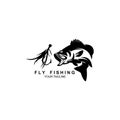 Fishing logo, Black and white illustration of a fish hunting for bait, Trout fishing - logo illustration. Fishing emblem Royalty Free Stock Photo