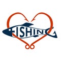 Fishing logo, emblem isolated on white background. Fish hooks in heart shape. Lettering fishing shaped like a fish Royalty Free Stock Photo