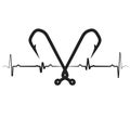 Fishing logo, icon isolated on white background. Fishing hooks in shape of heart. Black heartbeat with hooks. Vector