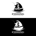 fishing logo icon vector, catch fish on the boat, outdoor sunset silhouette design