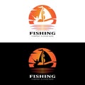 fishing logo icon vector, catch fish on the boat, outdoor sunset silhouette design