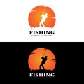 fishing logo icon vector, catch fish on the boat, outdoor sunset silhouette design