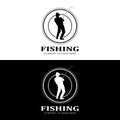 fishing logo icon vector, catch fish on the boat, outdoor sunset silhouette design