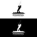 fishing logo icon vector, catch fish on the boat, outdoor sunset silhouette design