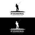 fishing logo icon vector, catch fish on the boat, outdoor sunset silhouette design