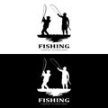 fishing logo icon vector, catch fish on the boat, outdoor sunset silhouette design