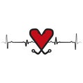 Fishing logo isolated on white background. Fishing hooks in shape of heart. Red heart icon Black heartbeat with hooks