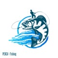 Fishing logo with jumping fish and fisherman Royalty Free Stock Photo