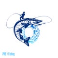 Fishing logo with jumping fish and fisherman Royalty Free Stock Photo