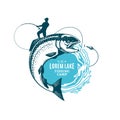 Fishing logo with jumping fish and fisherman Royalty Free Stock Photo