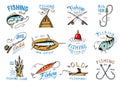 Fishing logo vector fishery logotype with fisherman in boat and emblem with catched fish on fishingrod illustration set Royalty Free Stock Photo