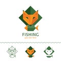 Fishing logotype. Fox holding a fish. Flat style, vector illustration.