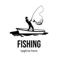 Fishing logotype template isolated on white background. Male silhouette catching fish with fishing rod.