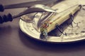 Fishing lure on a plate Royalty Free Stock Photo