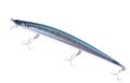 Fishing lure, wobbler, with three double hooks on an isolated white