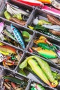 Fishing lures and accessories in the box background Royalty Free Stock Photo