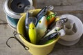 Fishing lures in a mug Royalty Free Stock Photo