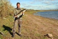 Fishing man with big zander fish