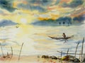 Fishing man sailing on the lake. Watercolor painting Royalty Free Stock Photo