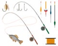 Fishing manufacturers and suppliers icons set. Reel and fishery rod