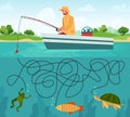 Fishing maze game. Funny fisherman with fishing rod in boat and fishes, educational game labyrinth for children, cartoon Royalty Free Stock Photo