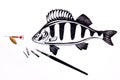 Fishing metal bait and fountain pen with ink drawing fish. Royalty Free Stock Photo