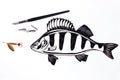 Fishing metal bait and fountain pen with ink drawing fish. Royalty Free Stock Photo