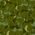 Fishing military pattern. Fisherman clothing texture. Army background. Protective soldier ornament. Vector illustration