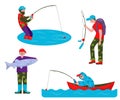 Fishing in nature. Fishing, quiet hunting. Set of vector flat characters people men on white background