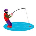 Fishing in nature. Fishing, quiet hunting. Vector character man with a beard on a white background stands in the lake and pulls a