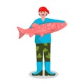 Fishing in nature. Fishing, quiet hunting. Vector character man on a white background caught and holds a big fish