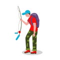 Fishing in nature. Fishing, quiet hunting. Vector character man on a white background goes with a fishing rod and a backpack for