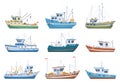 Fishing nautical ships. Cartoon seafood industry boats, fishermen shipping trawlers, commercial fishing ships flat vector