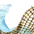 Fishing net and buoy, seascape watercolor illustration isolated on white background. Royalty Free Stock Photo