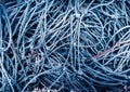 Fishing net tangled. Blue ropes of fishnet art abstraction for poster.