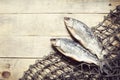 Fishing nets and dried fish still-life on the wooden background. Royalty Free Stock Photo