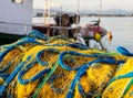 Fishing nets and fishing boat. Mediterranean sea, Greece, Preveza
