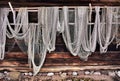 Fishing nets hanging on a wooden wall Royalty Free Stock Photo