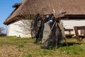 Fishing nets resting in front of a casone, a typical housing construction characteristic of fishermen in Marano Lagunare. Royalty Free Stock Photo