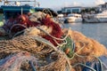 Fishing nets ropes and floats. Fishnet on a basket Royalty Free Stock Photo