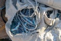 Fishing nets in a sack. A network for fishing on the fishing quay Royalty Free Stock Photo