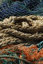 Fishing nets and sea ropes in the port. Royalty Free Stock Photo