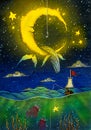 Fishing at Night illustration,Watercolor Nature Drawing,Whale,Moon,Stars,Jelly Fish, Clouds Painting,